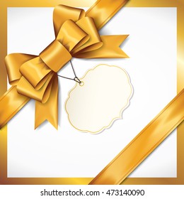 Golden gift bows with ribbons On White Background. Golden Bow with card. Vector Illustration.