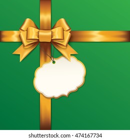 Golden gift bows with ribbons On Green Background. Golden Bow with card. Vector Illustration.
