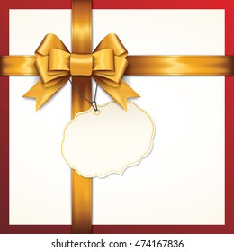 Golden gift bows with ribbons On White Background. Golden Bow with card. Vector Illustration.