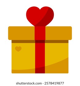 Golden gift box adorned with red heart-shaped bow and ribbon. Flat color icon for Valentine's Day, romance, and heartfelt gifts. Editable vector illustration.