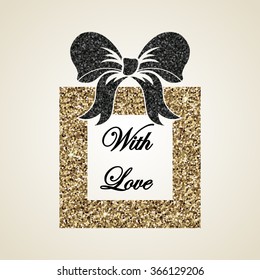 Golden gift box with black bow. Elegant glitter pattern, gold background. Can be used as icon, banner, ads, t-shirt print, greeting card, poster, holiday decoration, and more. Vector illustration