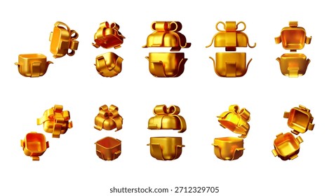 Caja de regalo dorada con diferentes vistas y etapas de apertura y cierre. Conjunto de regalo de lujo brillante para la promoción de vacaciones. Ilustración vectorial de acciones 3D.