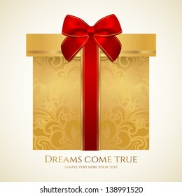 Golden gift box with floral pattern and red bow (ribbon). Vector celebration symbol (present) for (St' Valentin day, Mother's day, Christmas and other holidays). Background design for greeting card