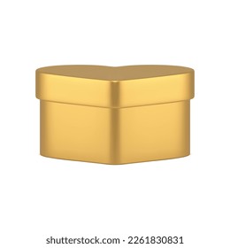 Golden gift box heart shape for holiday present storage premium design 3d icon realistic vector illustration. Festive surprise luxury package metallic foil decorative container for birthday congrats