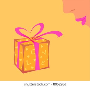 Golden gift box with heart shape ribbon and part of smiling woman face. Valentine series. Vector.