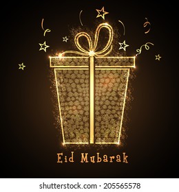 Golden gift box on stars decorated brown background for Muslim community festival Eid Mubarak celebrations. 