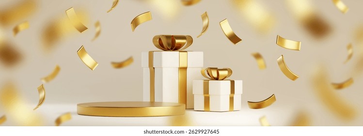 Golden gift box podium with falling confetti on light background - realistic 3d of white present packages tied with shiny ribbons and bow behind round pedestal stage. Festive scene for product display