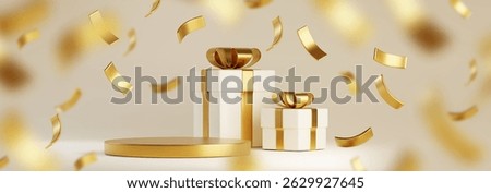 Golden gift box podium with falling confetti on light background - realistic 3d of white present packages tied with shiny ribbons and bow behind round pedestal stage. Festive scene for product display