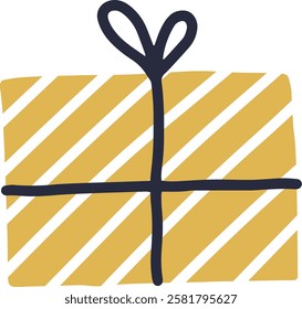 Golden gift box wrapped with diagonal white stripes and a dark ribbon tied with a bow on top, isolated on white background, perfect for celebrations and special occasions