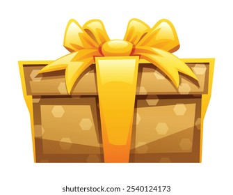 Golden gift box with yellow ribbon and hexagon pattern, elegant and classy. Vector cartoon illustration