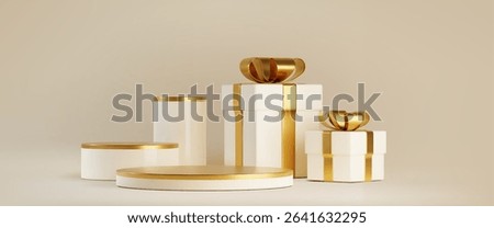Golden gift boxes set with white round podiums - closed present packages with ribbon bow and cylinder pedestal displays. Luxury holiday design elements for advertising, product showcase mockups.