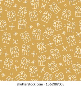 Golden gift boxes with snowflakes pattern design. Vector illustration. Luxury. Presents. Wallpaper, gift paper, textile design. 