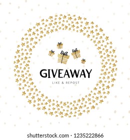 Golden gift boxes with text "giveaway" in round frame of small gold stars. Banner design for holidays (Christmas, New Year, etc.) Hand-drawn giveaway lettering text for smm accounts, blogs, banners.