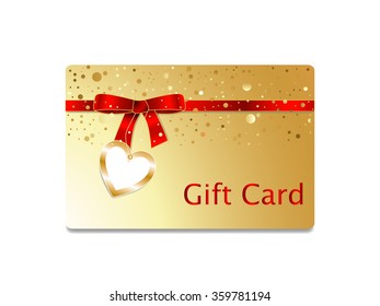 Golden gift card with red ribbon bow and heart badge