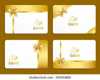 Golden gift card set with bow. Vector illustration.