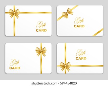 Golden gift card set with bow. Vector illustration.