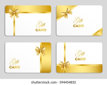 Golden gift card set with bow. Vector illustration.
