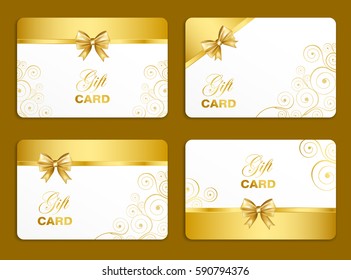 Golden gift card set with curl ornament and bow. Vector illustration.