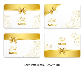 Golden gift card set with curl ornament and bow. Vector illustration.