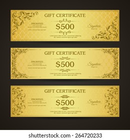 Golden gift certificate banners set  VIP Vintage ornamental template with damask pattern and decorative frame.