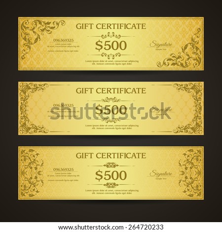 Golden gift certificate banners set  VIP Vintage ornamental template with damask pattern and decorative frame.