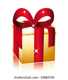 Golden gift with large red bow. Vector illustration.
