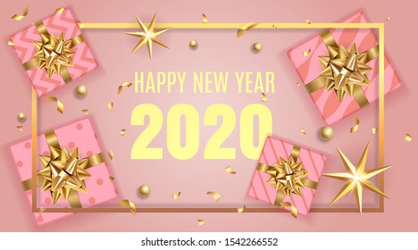 Golden gift or present boxes, 2020 numbers happy new year template with Christmas decorations in pink background top view and golden frame. Web banner or poster celebration design