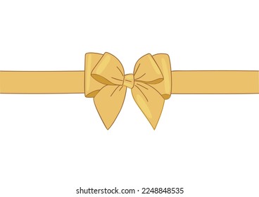 Golden gift ribbon with bow. Decorative wrapping tape for Valentines Day, Birthday, Anniversary presents, greeting, gift, discount cards. Flat Realistic illustration isolated on white background.
