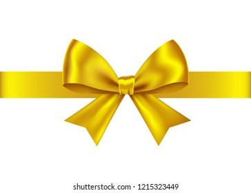 Golden  gift ribbon and bow isolated on white background. Christmas, New Year, birthday gold decoration. Vector realistic decor element  for banner, greeting card, poster.