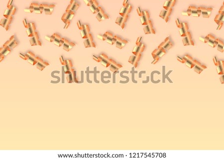 Golden gift serpentine festive background. Curly metallic gold  ribbons, celebration party elements for your holiday design. Pastel colored 3d vector wallpaper