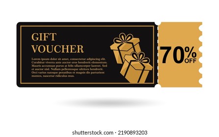 Pago de regalo de oro 70% de descuento. cupón de regalo de descuento 70% venta para sitio web, anuncios de internet, medios sociales. Descuento vale regalo, hermoso diseño. ilustración vectorial 