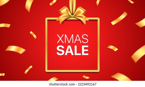 Golden giftbox frame with exploded satin ribbon and XMAS SALE promotional text on a red background. Christmas sale, gift card vector design.