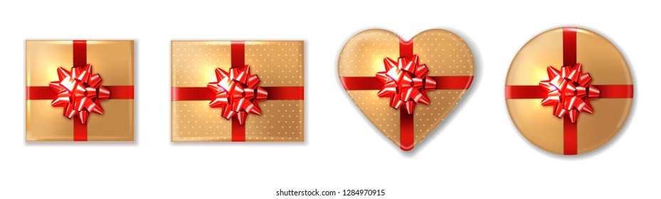 Golden giftbox set with red bow Vector realistic. Product placement mock up. Design packaging 3d illustrations