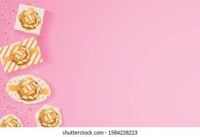 golden gifts on a pink background and copy space for text