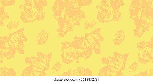 Golden Ingwer Nahtloses Muster — Botanischer Vektorhintergrund für Premium Bio-Verpackungen — natürliche gravierte Textur. Ideal für Wellness, Kosmetik, Tee, Bio-Lebensmittelverpackungen mit erweiterter Lizenz.