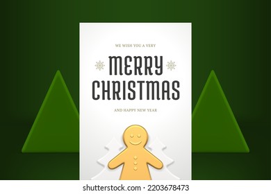 Golden gingerbread man Merry Christmas premium greeting card realistic 3d icon vector illustration. Decorative Happy New Year congratulations poster Xmas spruce design with place for text