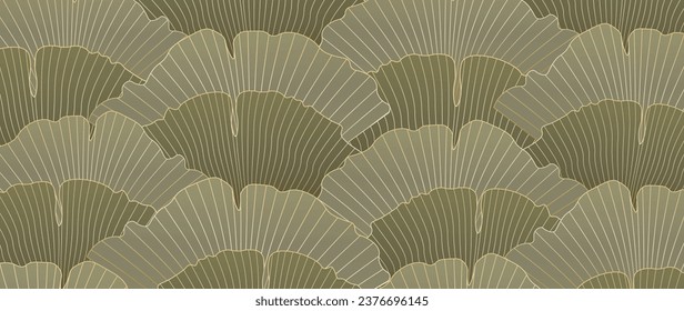 Goldener Ginkgo-Hintergrund, Vektorgrafik in dunkelgrünen Ohrtönen. Luxuriöser floraler Art deco-botanischer Hintergrund. Gold Vektorgrafik eines natürlichen Musters in einem Muster und einem goldenen Rahmen.	