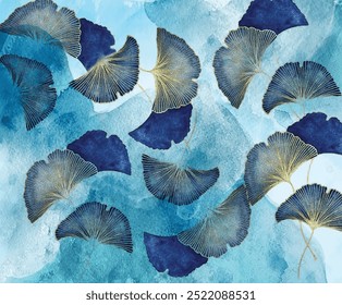 Golden ginkgo biloba leaves on watercolor brush sroke background