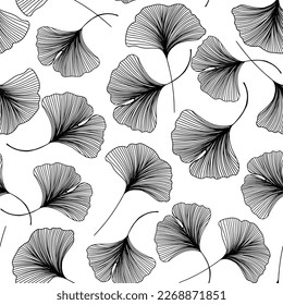 Golden Ginkgo leaves background. Luxury Floral art deco. Gold natural pattern design. Seamless Pattern with Gold lines Ginkgo Tree Leaves on black background. Sketch vector illustration.