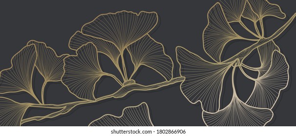 Golden Ginkgo leaves botanical art deco wallpaper background vector. Floral Line arts background design for Luxury elegant pattern interior design, vector arts, fashion textile patterns, textures, pos