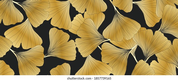 Golden Ginkgo leaves botanical modern art deco wallpaper background vector. Floral line arts background design for luxury elegant pattern.