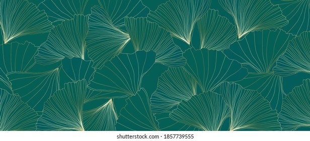 Golden Ginkgo leaves botanical modern art deco wallpaper background vector. Floral line arts background design for luxury elegant pattern.