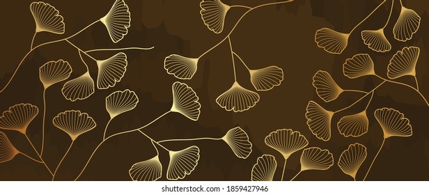 Golden Ginkgo leaves botanical modern art deco wallpaper background vector. Floral line arts background design for luxury elegant pattern.