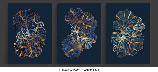 Golden Ginkgo Leaves Botanical Modern Abstract Art Background Vector. Floral Line Arts Wallpaper Design For Luxury Elegant Wall Art ,interior Design,prints And Cover Template. 