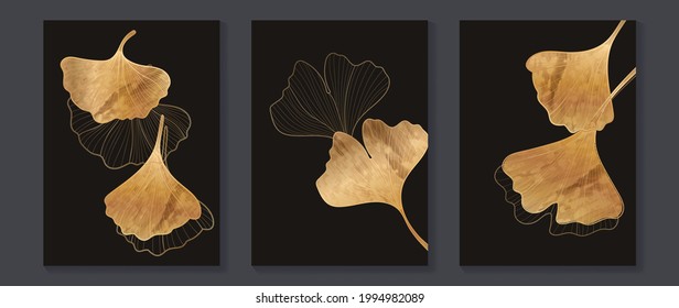 Golden Ginkgo leaves botanical modern abstract art background vector. Floral Line arts wallpaper design for Luxury elegant wall art ,interior design, prints and cover template. 