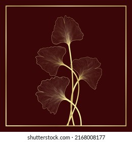Golden ginkgo leaves on frame background. Gold natural pattern design, vector illustration