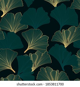 Golden ginkgo leaves seamless pattern background. Luxury Floral art deco. Gold natural pattern design Dark green illustration.