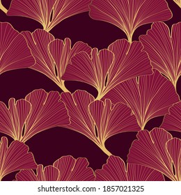 Golden ginkgo leaves seamless pattern background. Luxury Floral art deco. Gold natural pattern design Bordo illustration.