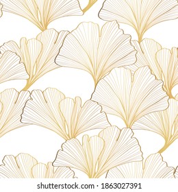 Golden ginkgo leaves seamless pattern background. Luxury Floral art deco. Gold natural pattern design Bordo illustration.