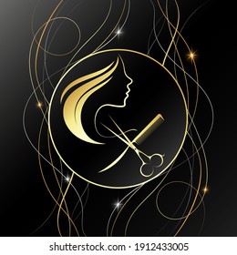 Golden girl profile and golden jets of hair design for beauty salon